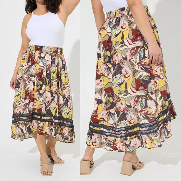 Torrid Plus Maxi Crinkle Gauze Hi-Low Pull On Colorful Floral Midi Maxi Skirt - Picture 3 of 12